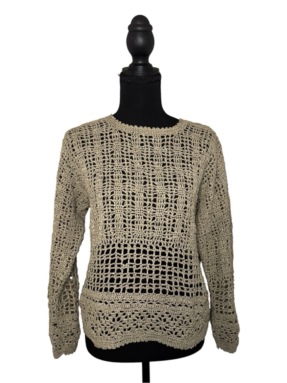 Open-Knit Crochet Crewneck Sweater in Moss